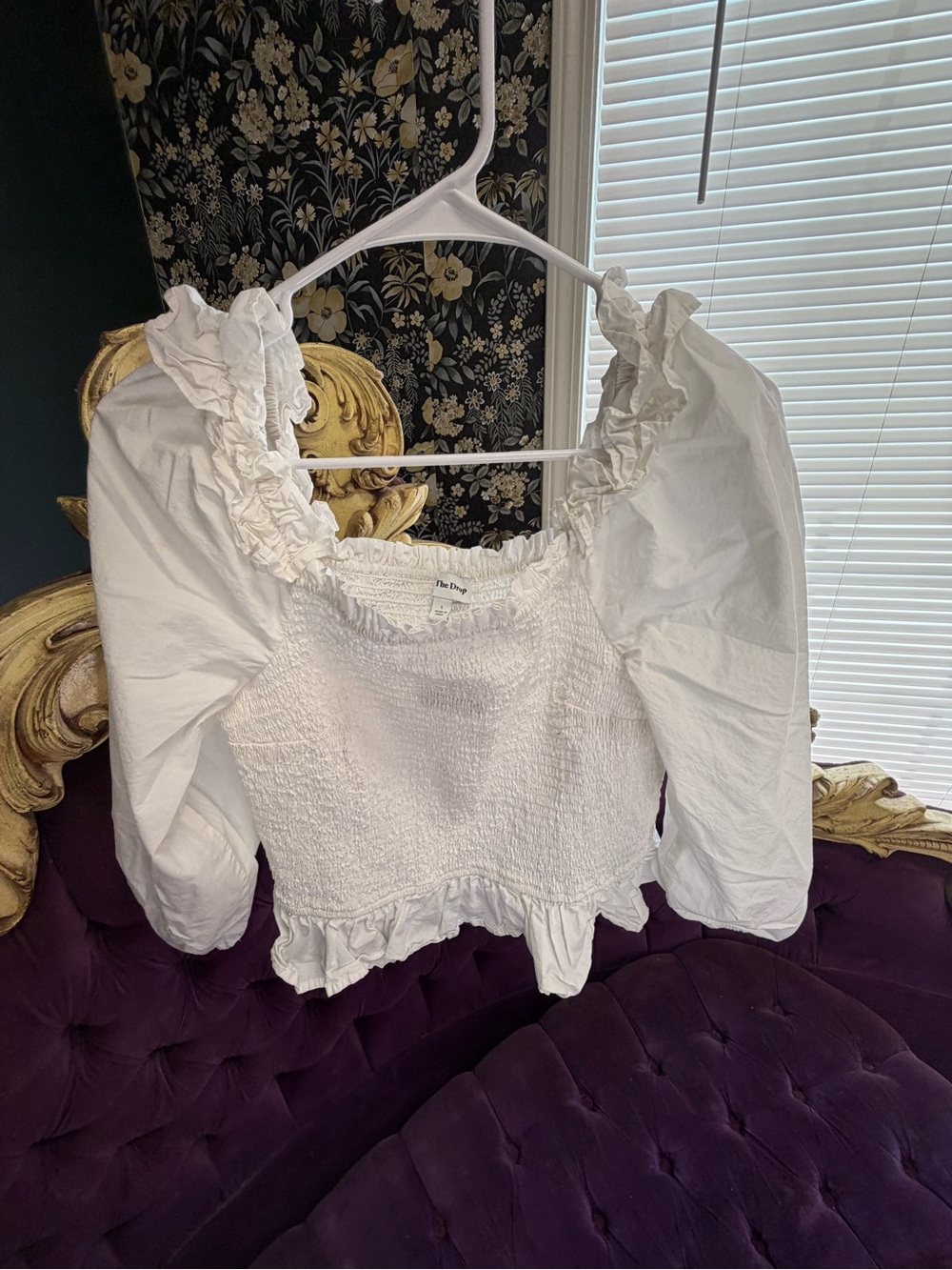 Smocked White Ruffle-Trim Puff Sleeve Blouse